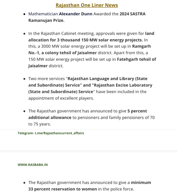 Rajasthan RAS october 2024 current affairs